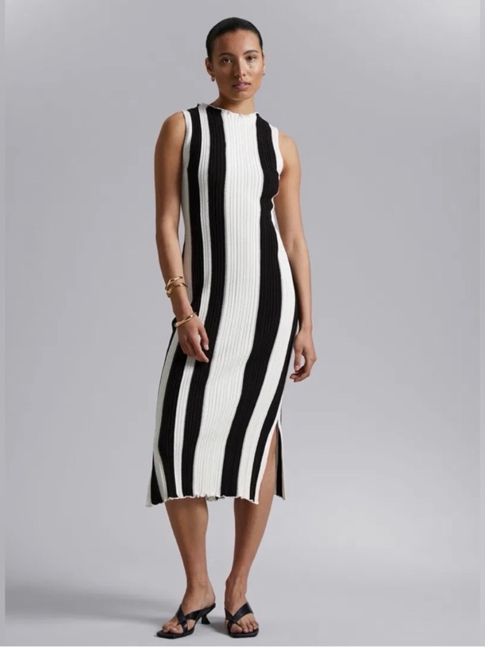 & Other Stories Black and Cream Striped Midi Dress